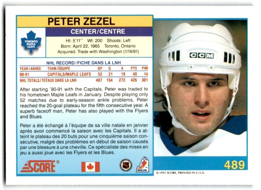 1991-92 Score Canadian Bilingual Peter Zezel Toronto Maple Leafs #489