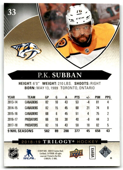 2018-19 Upper Deck Trilogy P.K. Subban Nashville Predators #33