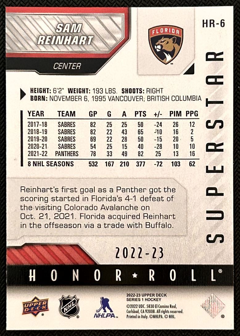 2022-23 Upper Deck Honor Roll Sam Reinhart Florida Panthers #HR-6