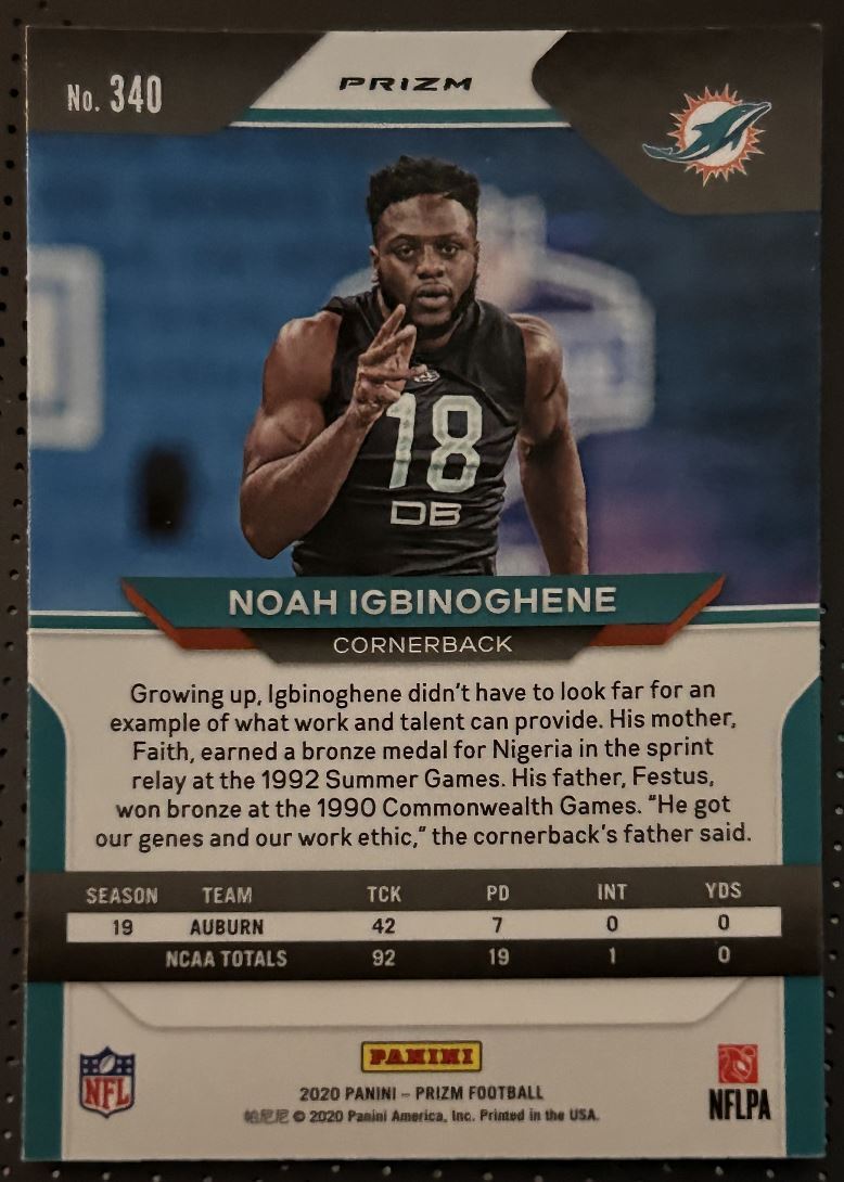 2020 Panini Prizm Orange Laser Noah Igbinoghene Rookie Miami Dolphins #340