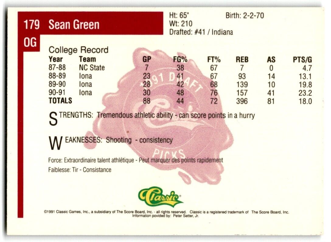 1991-92 Classic Sean Green Rookie Iona College Gaels #179