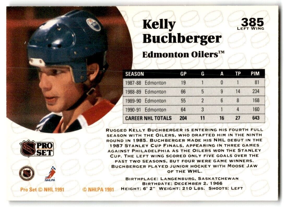 1991-92 Pro Set Kelly Buchberger Edmonton Oilers #385