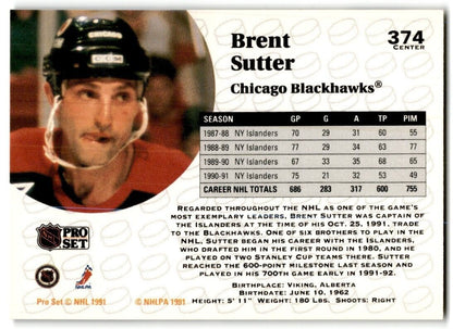 1991-92 Pro Set Brent Sutter Chicago Blackhawks #374