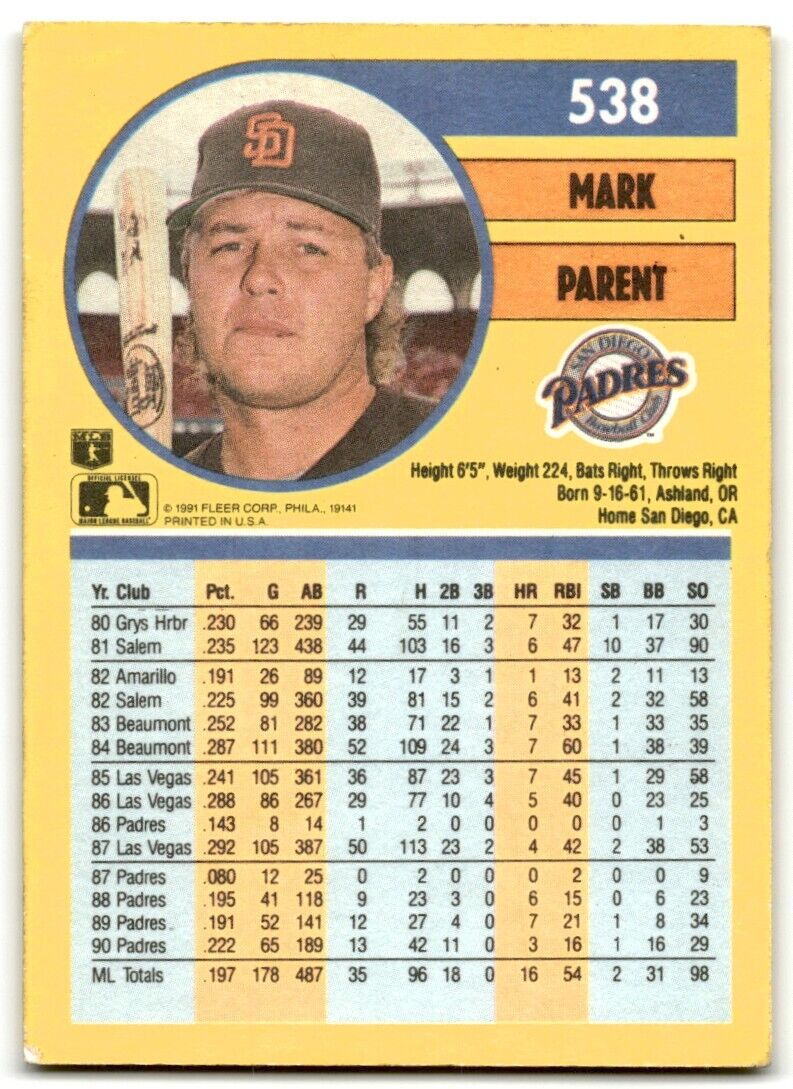 1991 Fleer Mark Parent San Diego Padres #538