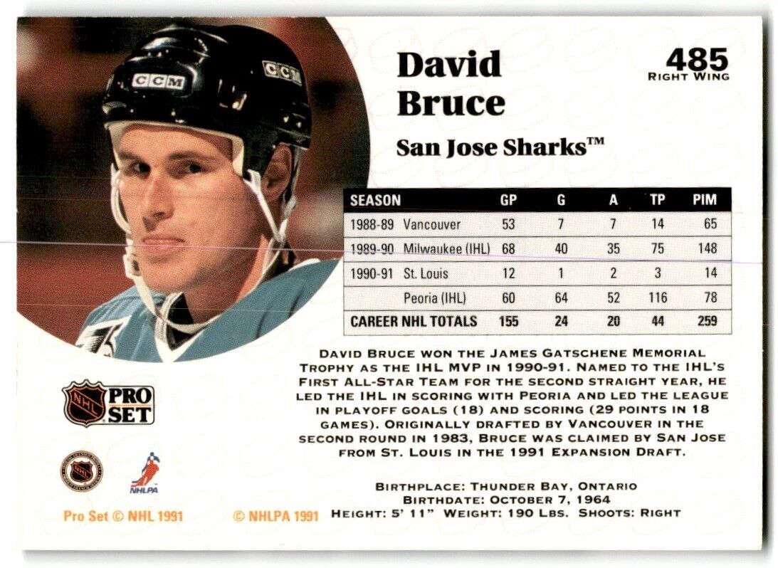 1991-92 Pro Set David Bruce Rookie San Jose Sharks #485