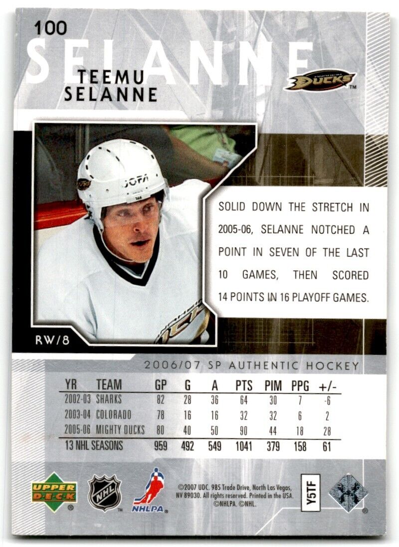 2007-08 SP Authentic Teemu Selanne Anaheim Ducks #100