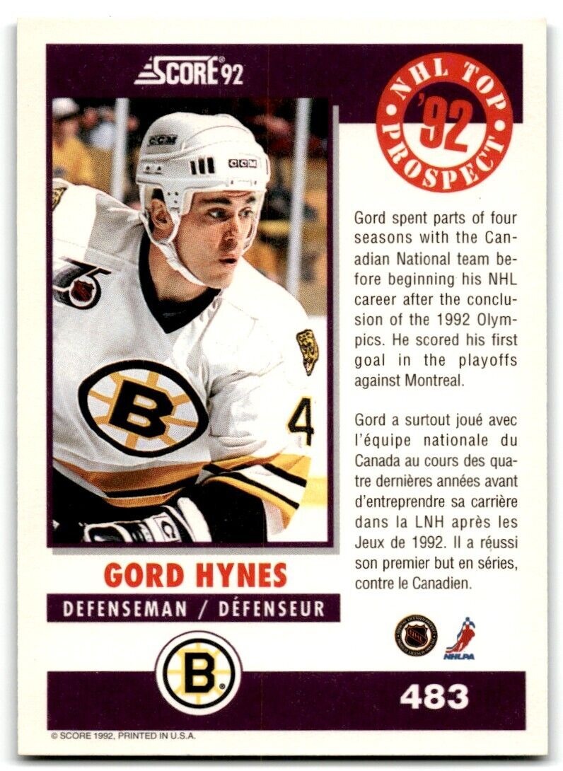 1992-93 Score Canadian Gord Hynes Boston Bruins #483