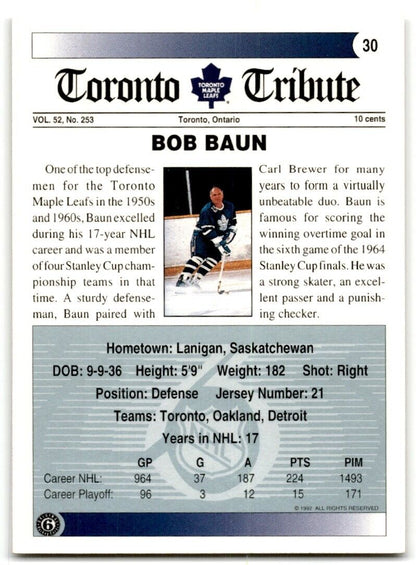 1991-92 Ultimate Original 6 Bobby Baun Toronto Maple Leafs #30