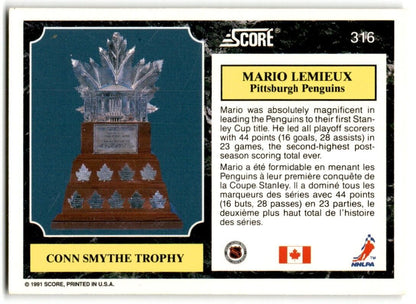 1991-92 Score Canadian Mario Lemieux Pittsburgh Penguins #316