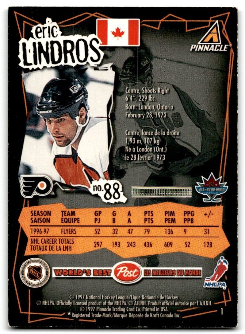 1997-98 Pinnacle Post Eric Lindros Philadelphia Flyers #1