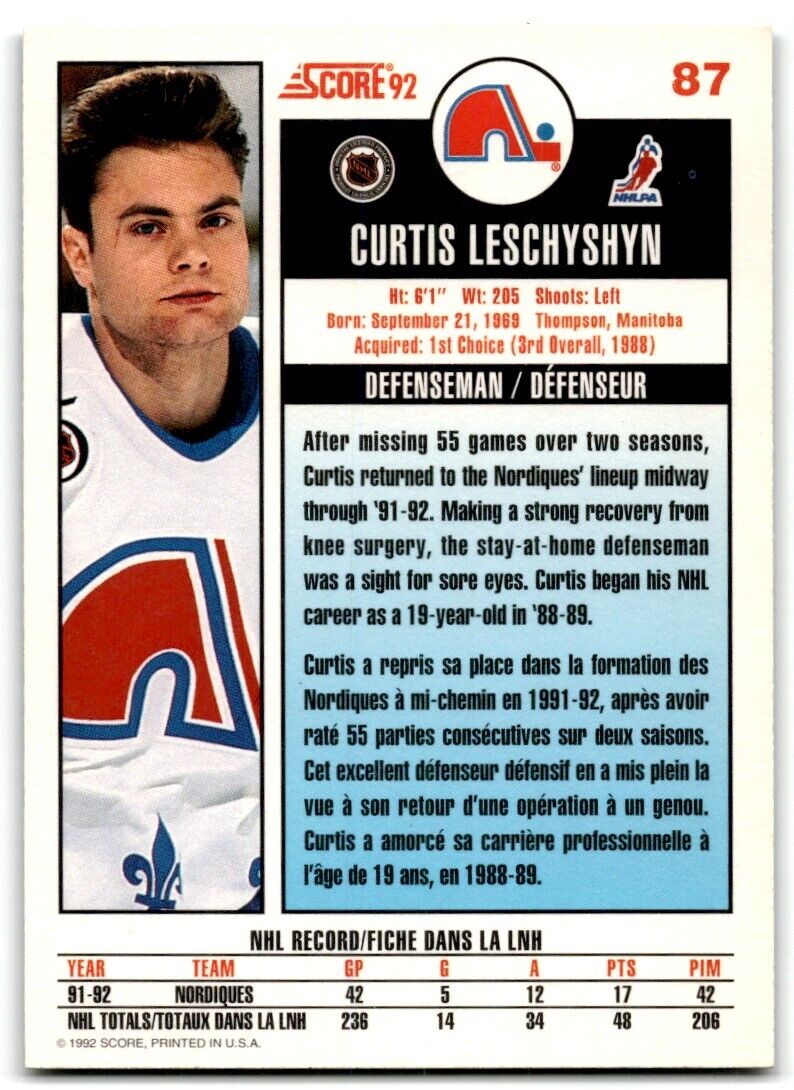 1992-93 Score Curtis Leschyshyn Quebec Nordiques #87