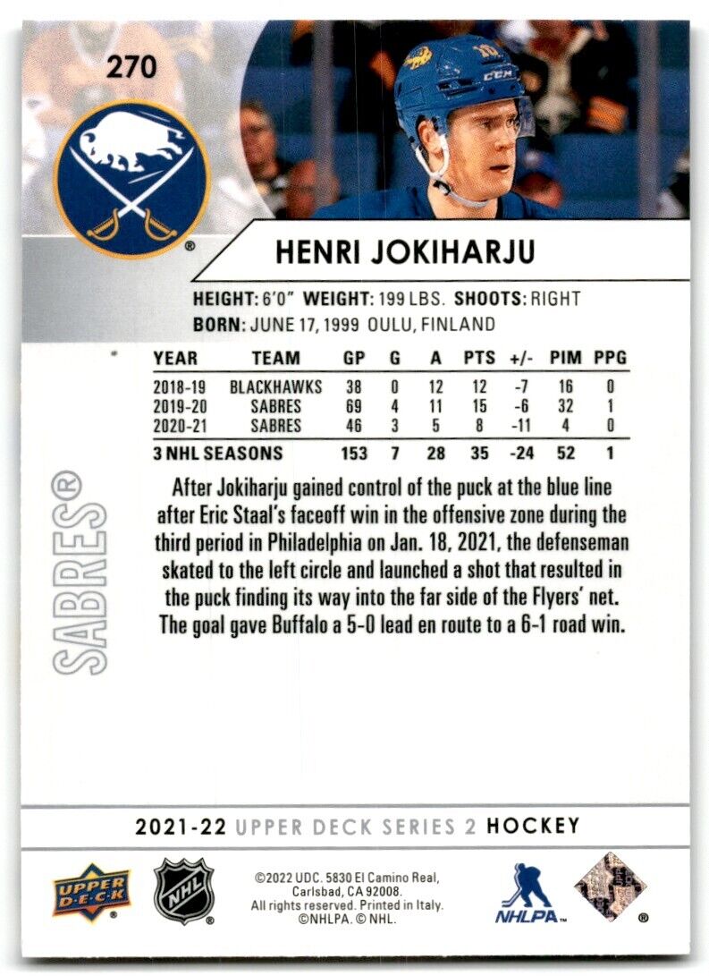 2021-22 Upper Deck Henri Jokiharju Buffalo Sabres #270