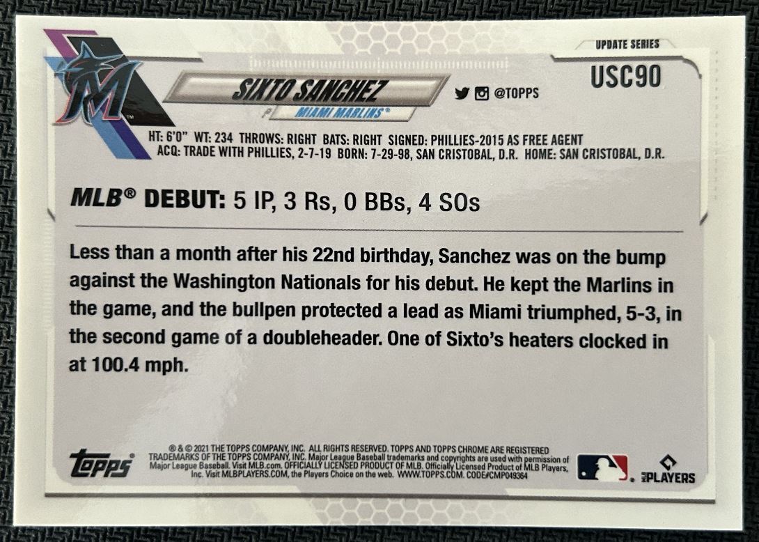 2021 Topps Chrome Update Sixto Sanchez Miami Marlins #USC90