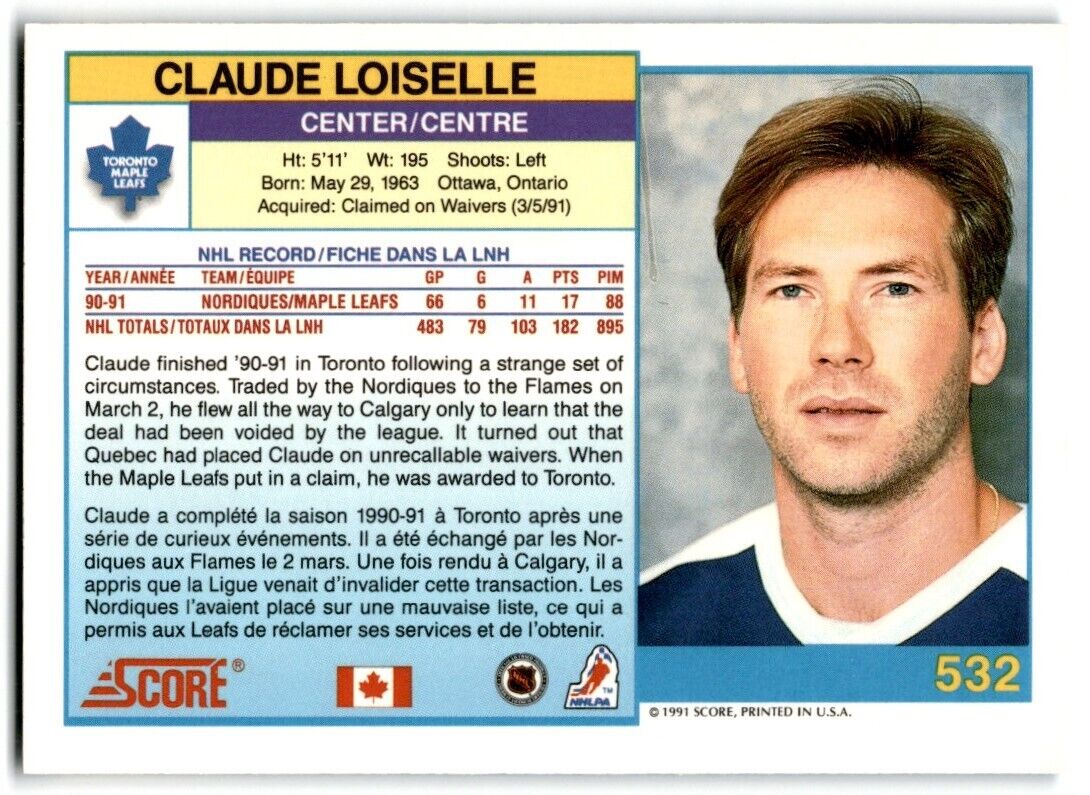 1991-92 Score Canadian Claude Loiselle Toronto Maple Leafs #532