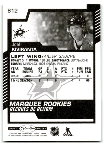 2020-21 O-Pee-Chee Joel Kiviranta Rookie Dallas Stars #612