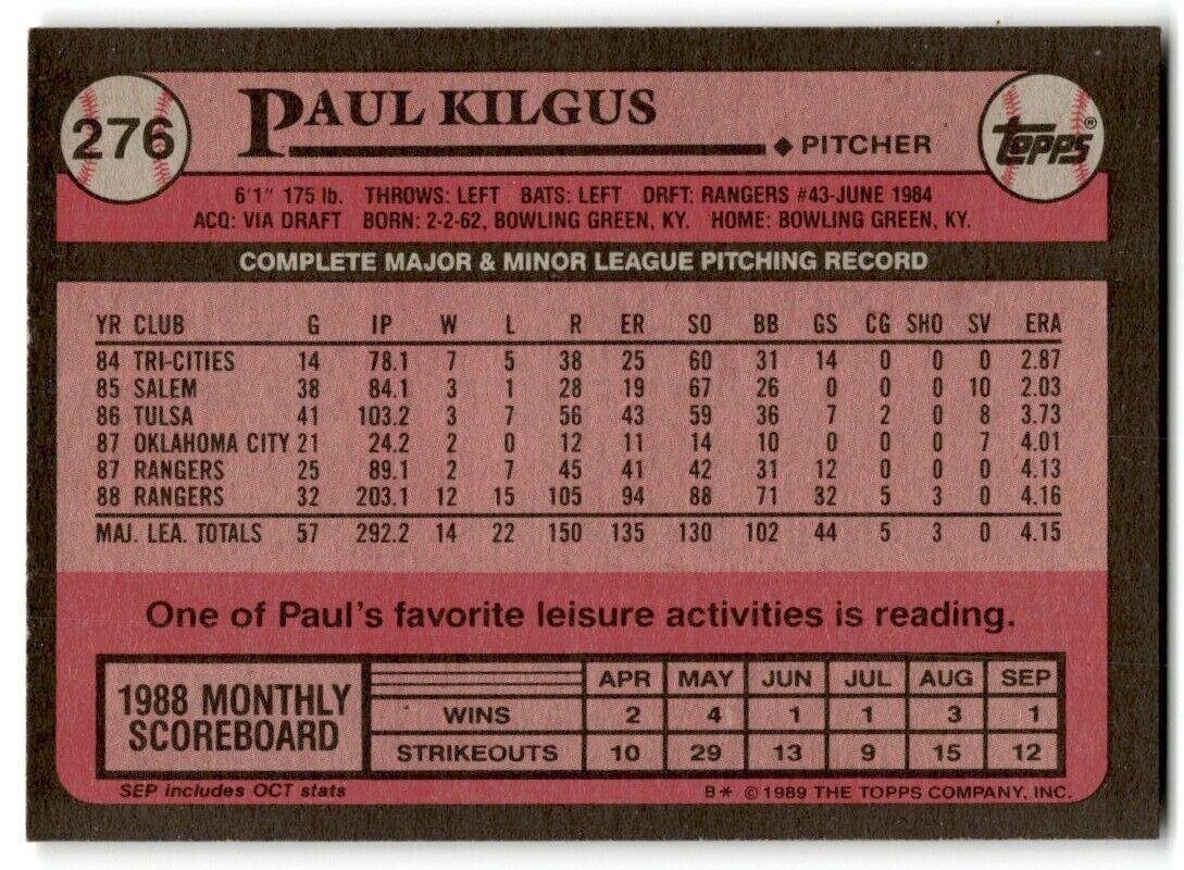 1989 Topps Paul Kilgus Texas Rangers #276