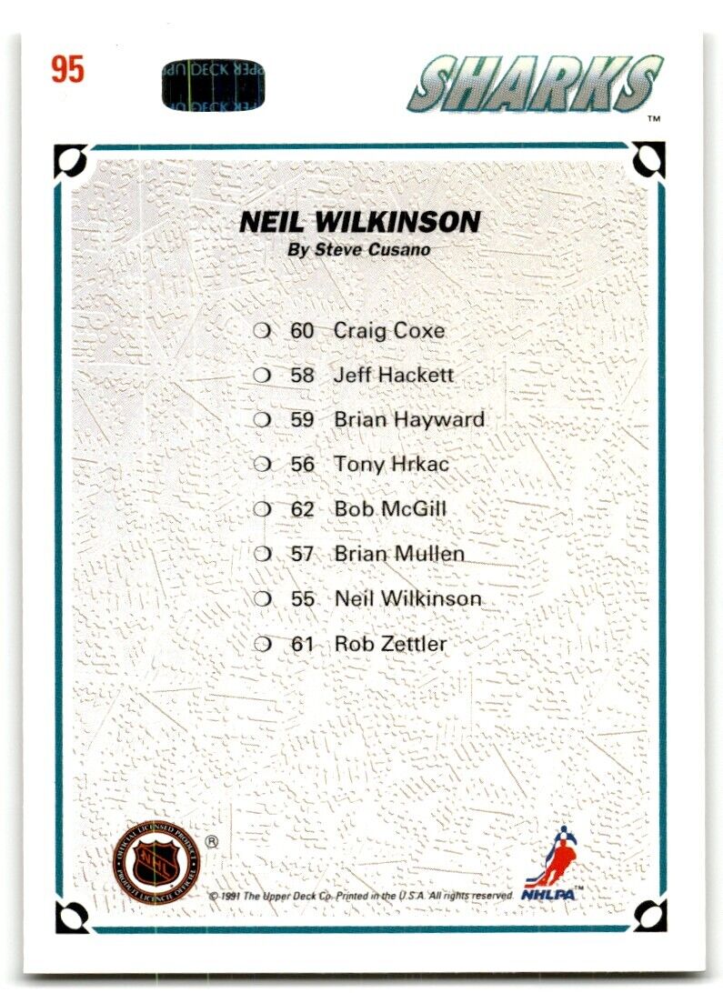 1991-92 Upper Deck Collectorr'S choice Neil Wilkinson San Jose Sharks #95B