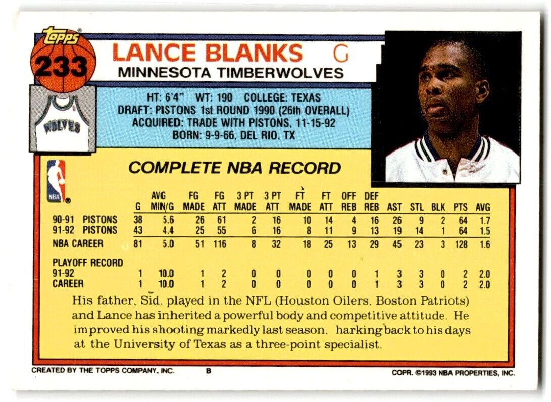 1992-93 Topps Lance Blanks Minnesota Timberwolves #233