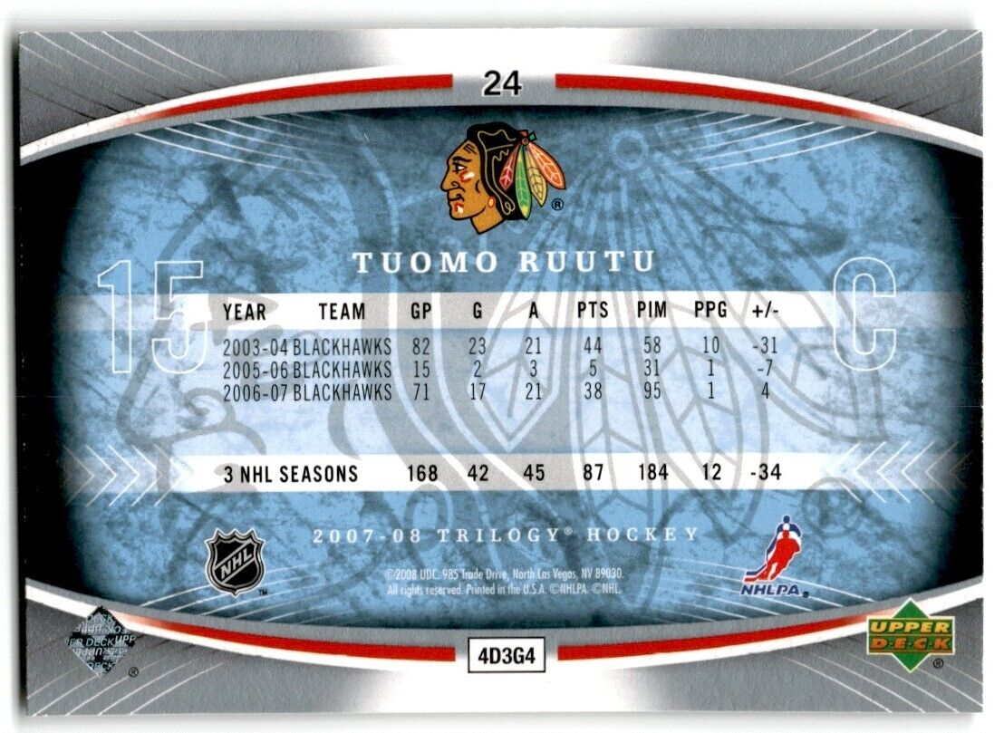 2007-08 Upper Deck Trilogy Tuomo Ruutu Chicago Blackhawks #24