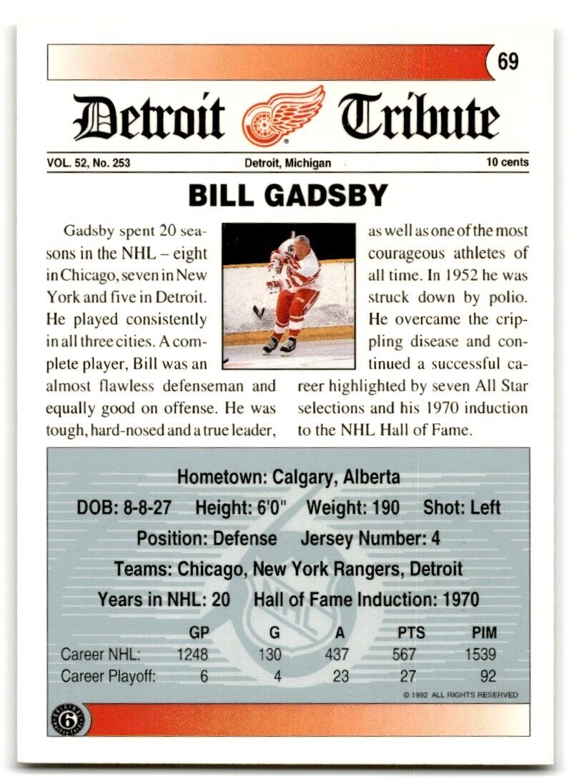 1991-92 Ultimate Original 6 Bill Gadsby Detroit Red Wings #69