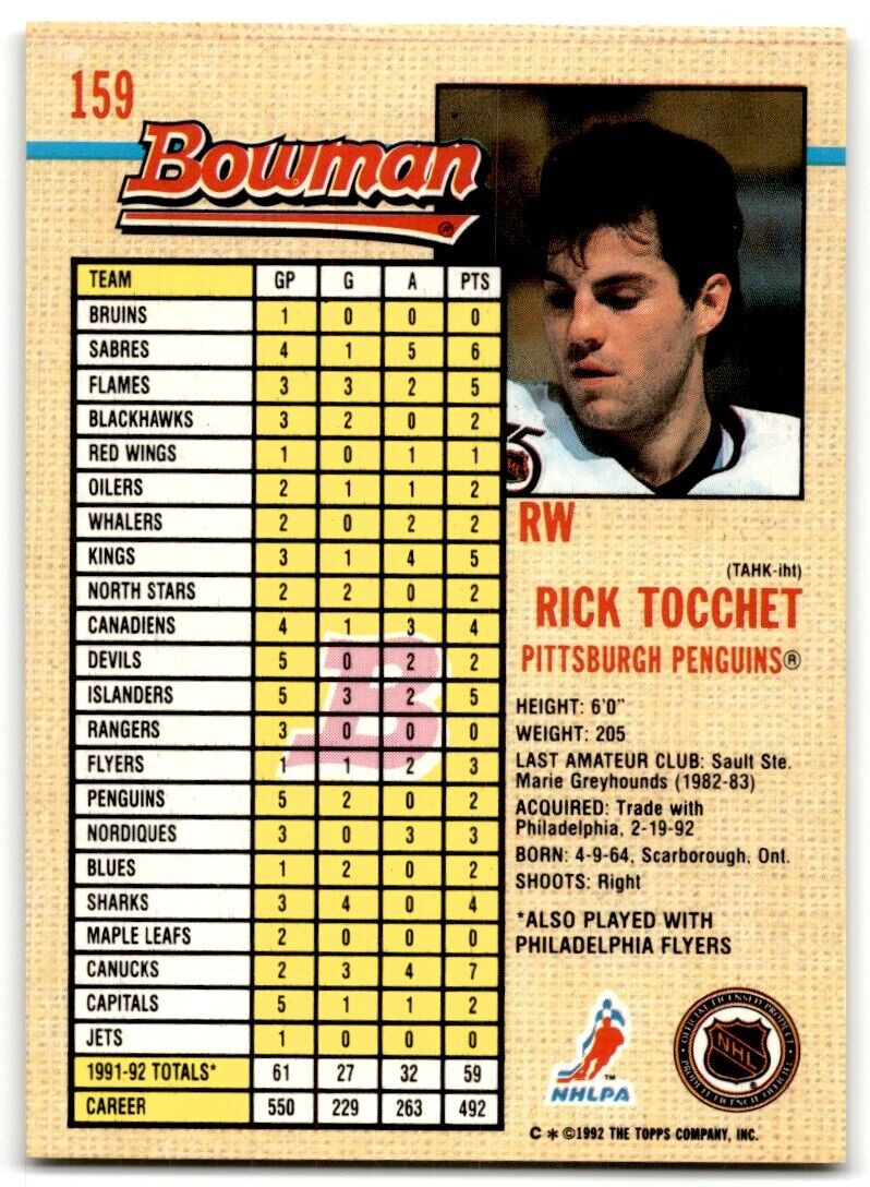 1992-93 Bowman Rick Tocchet Pittsburgh Penguins #159