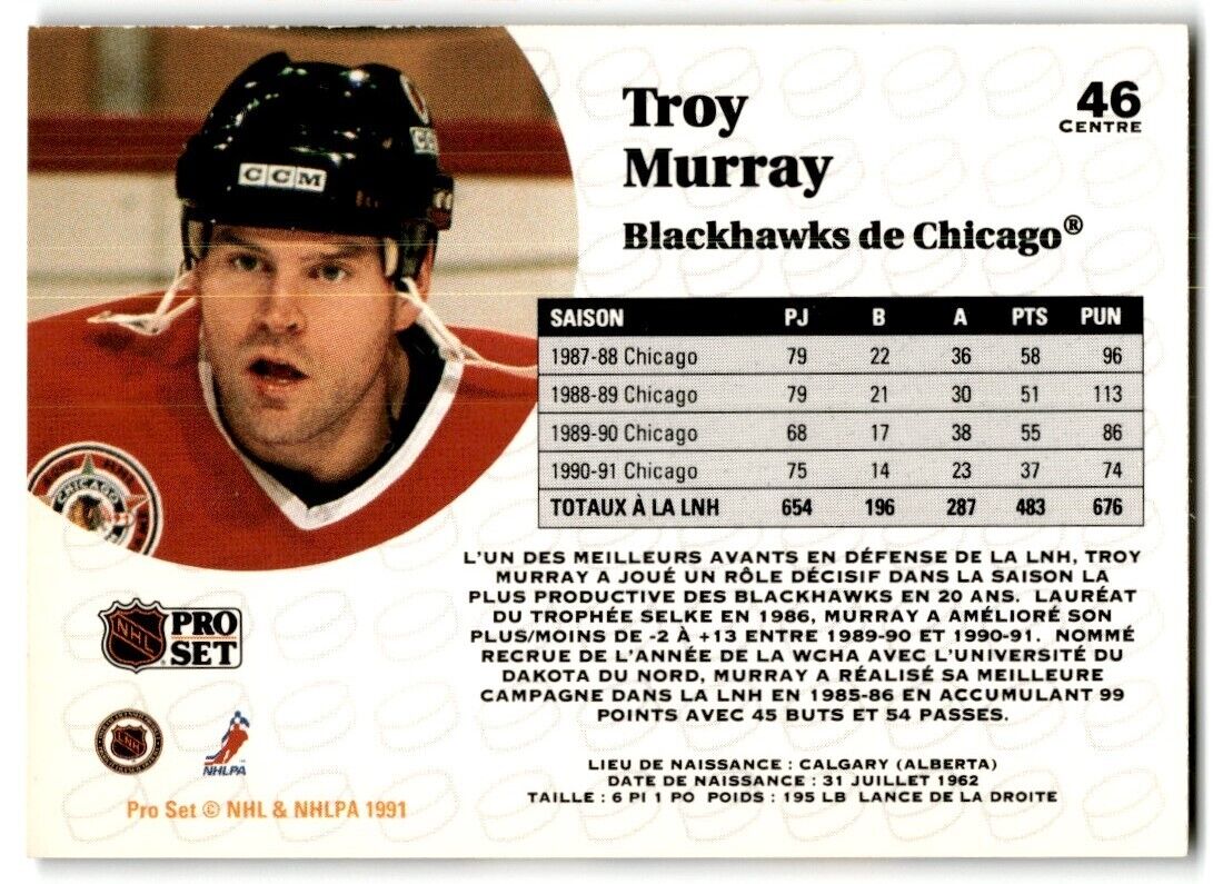 1991-92 Pro Set Troy Murray Chicago Blackhawks #46