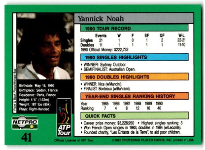 1991 Protennis player Cards Netpro Tour Star Yannick Noah #41