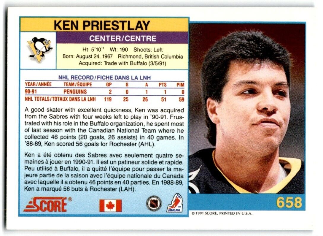 1991-92 Score Canadian Ken Priestlay Rookie Pittsburgh Penguins #658