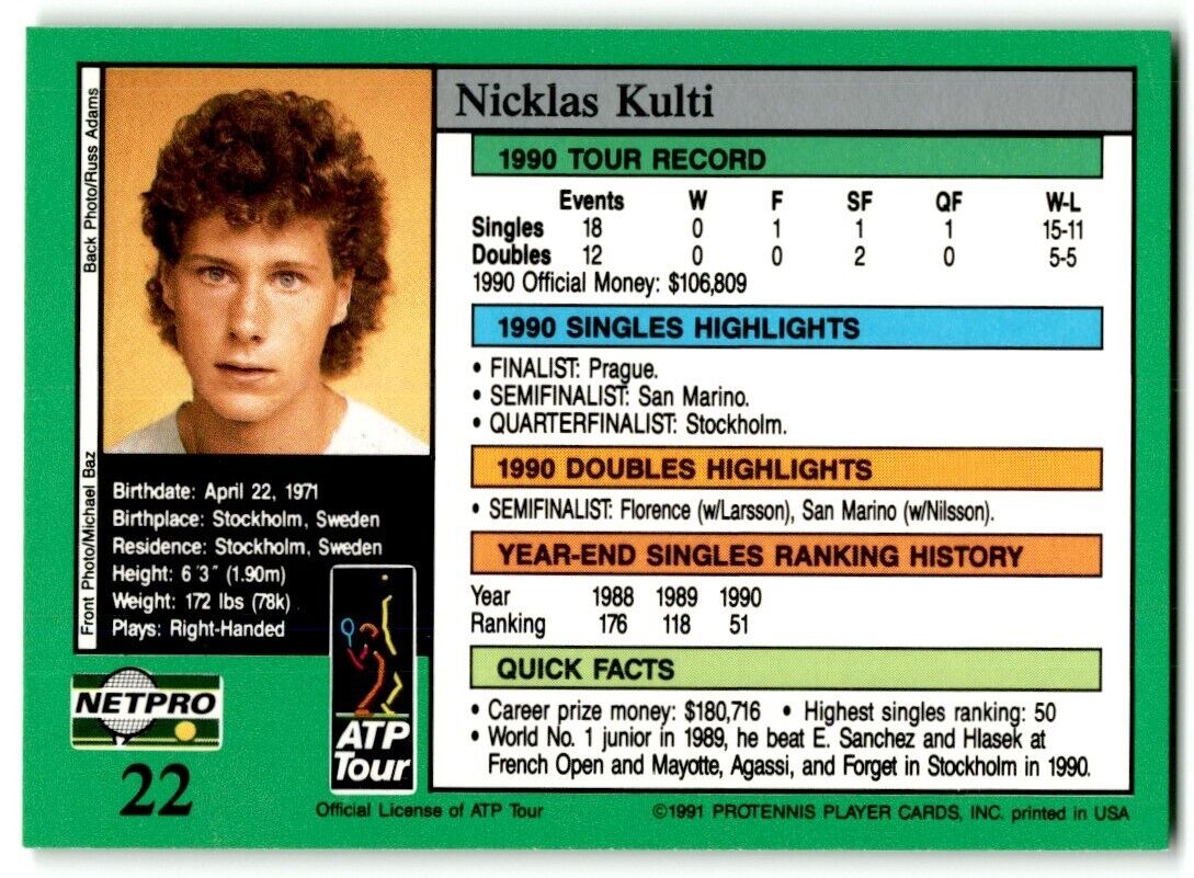 1991 Protennis player Cards Netpro Tour Star Nicklas Kulti #22