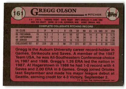 1989 Topps Gregg Olson Rookie Baltimore Orioles #161