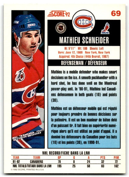 1992-93 Score Mathieu Schneider Montreal Canadiens #69