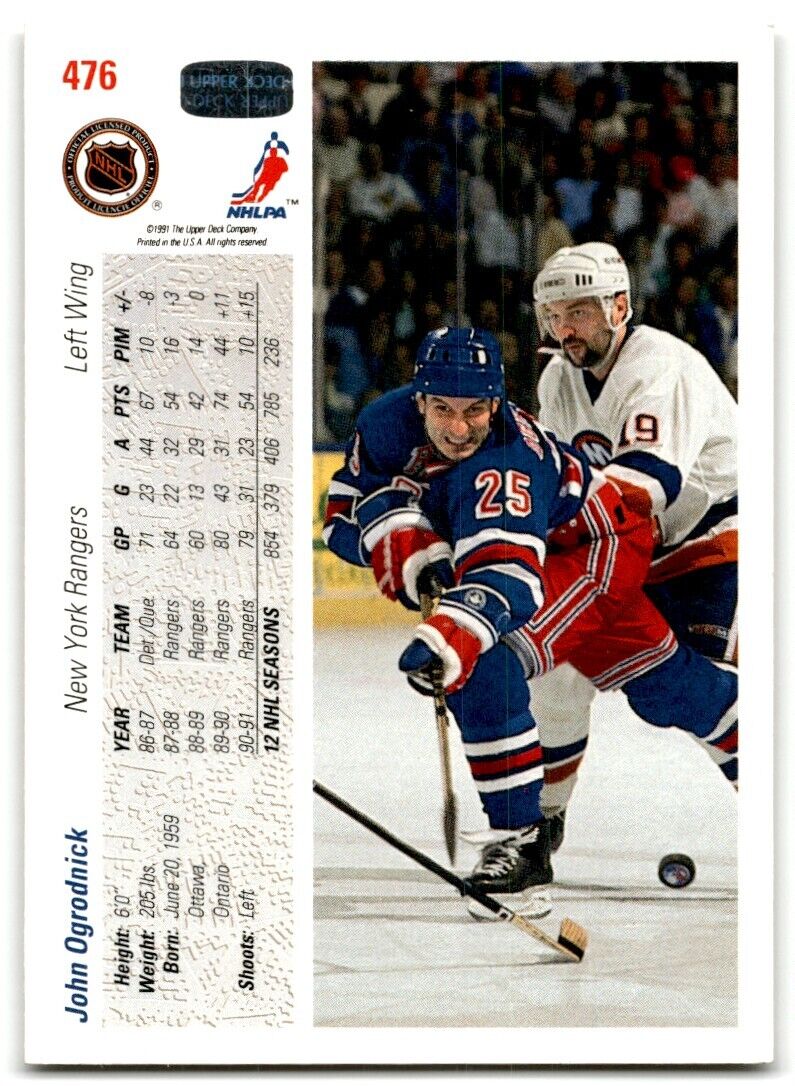 1991-92 Upper Deck John Ogrodnick New York Rangers #476