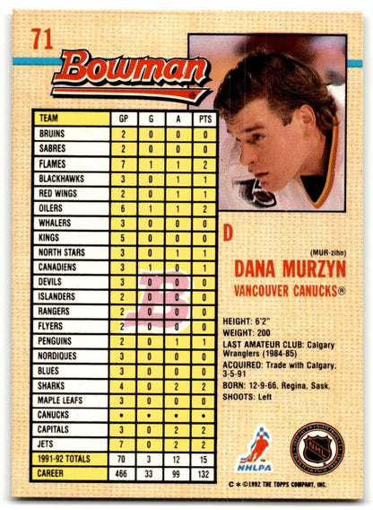 1992-93 Bowman Dana Murzyn Vancouver Canucks #71