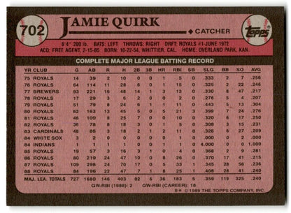 1989 Topps Jamie Quirk Kansas City Royals #702