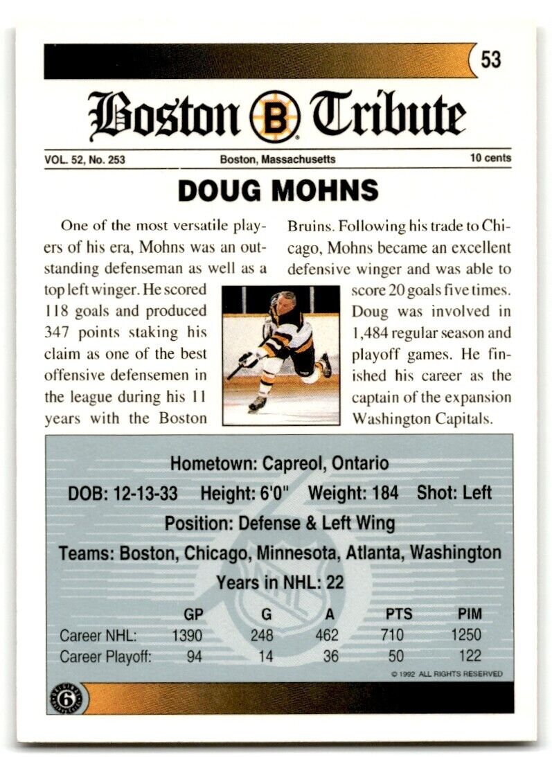 1991-92 Ultimate Original 6 Doug Mohns Boston Bruins #53