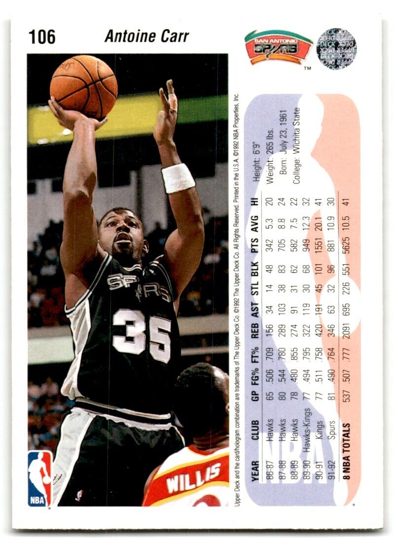 1992-93 Upper Deck Antoine Carr San Antonio Spurs #106