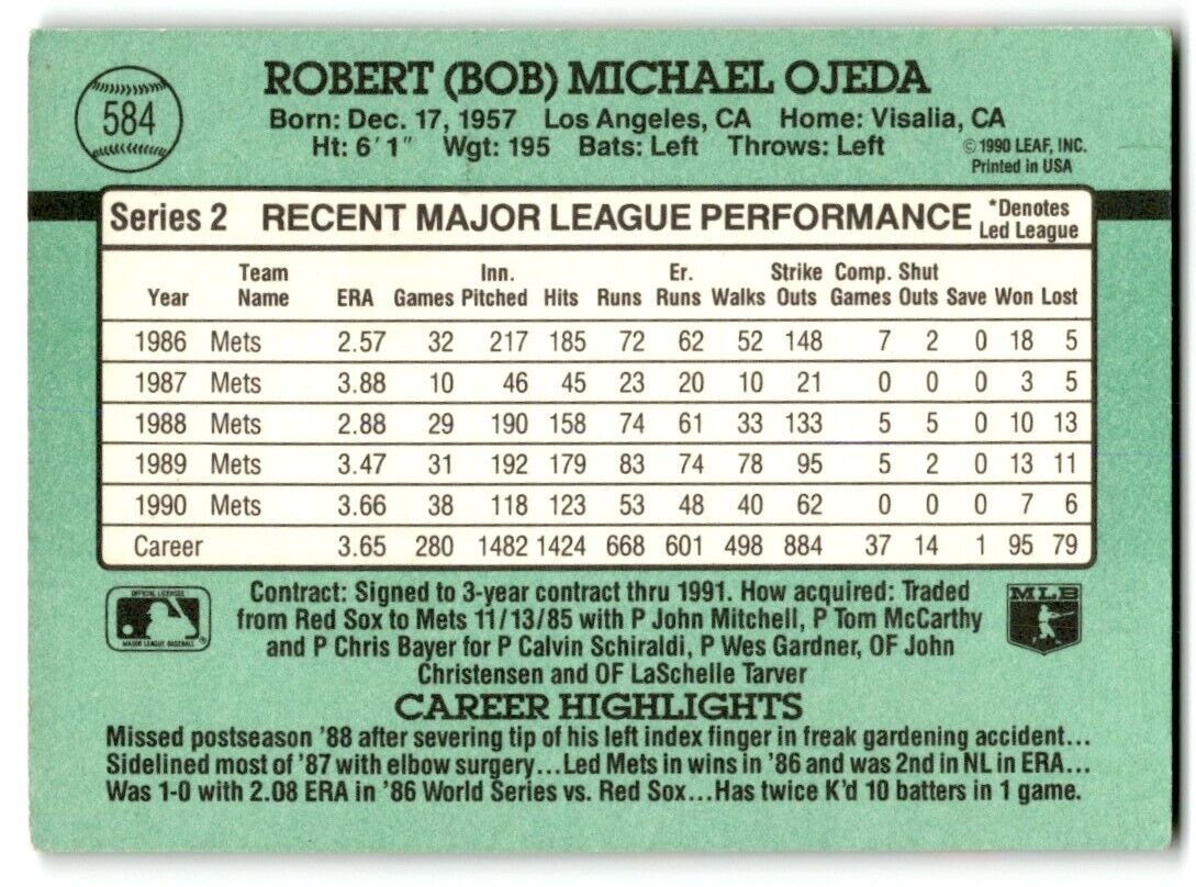 1991 Donruss Bob Ojeda New York Mets #584