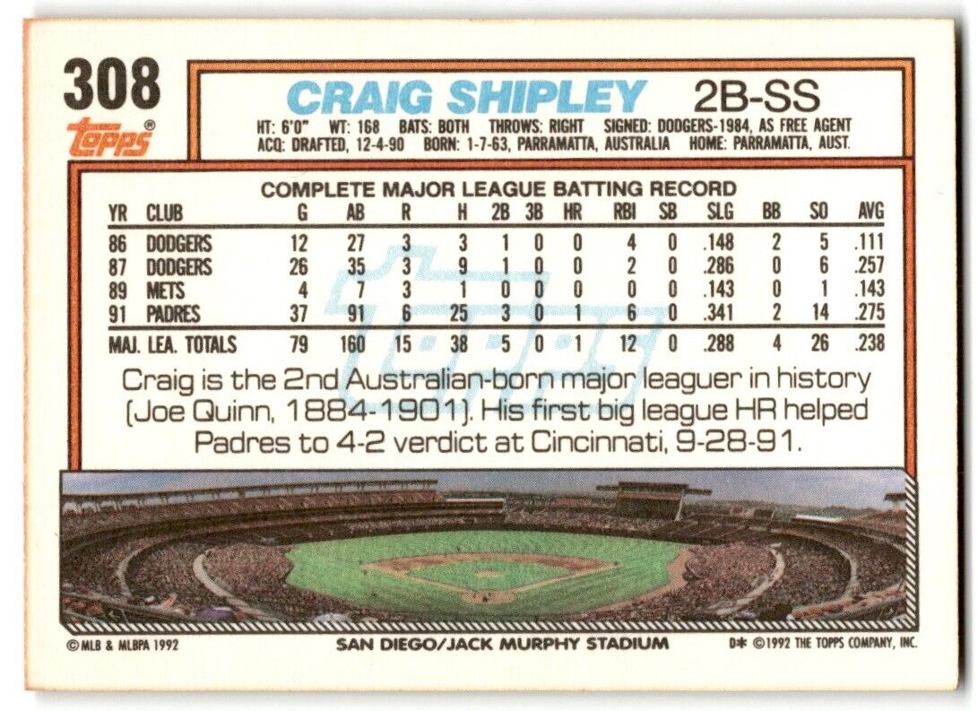 1992 Topps Craig Shipley San Diego Padres #308