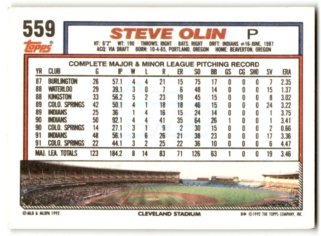 1992 Topps Steve Olin Cleveland Indians #559