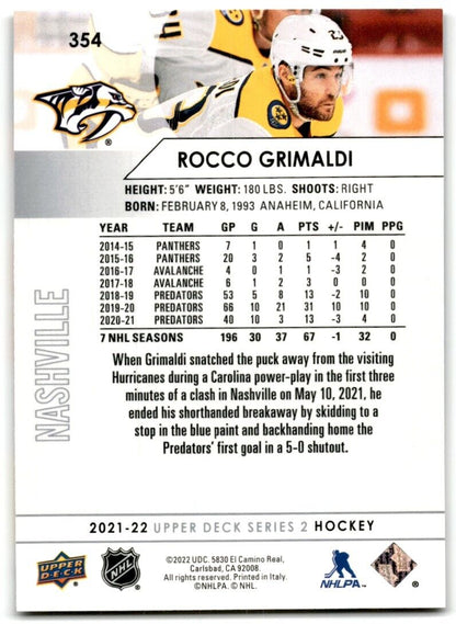 2021-22 Upper Deck Rocco Grimaldi Nashville Predators #354