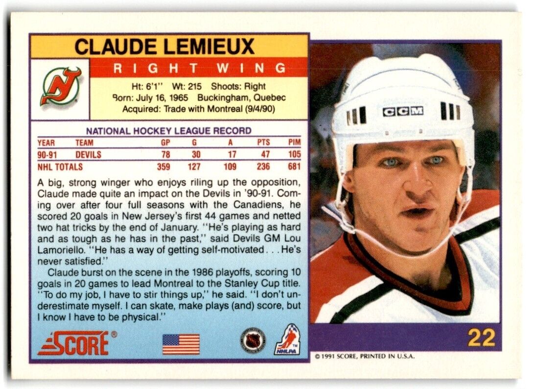 1991-92 Score Claude Lemieux New Jersey Devils #22