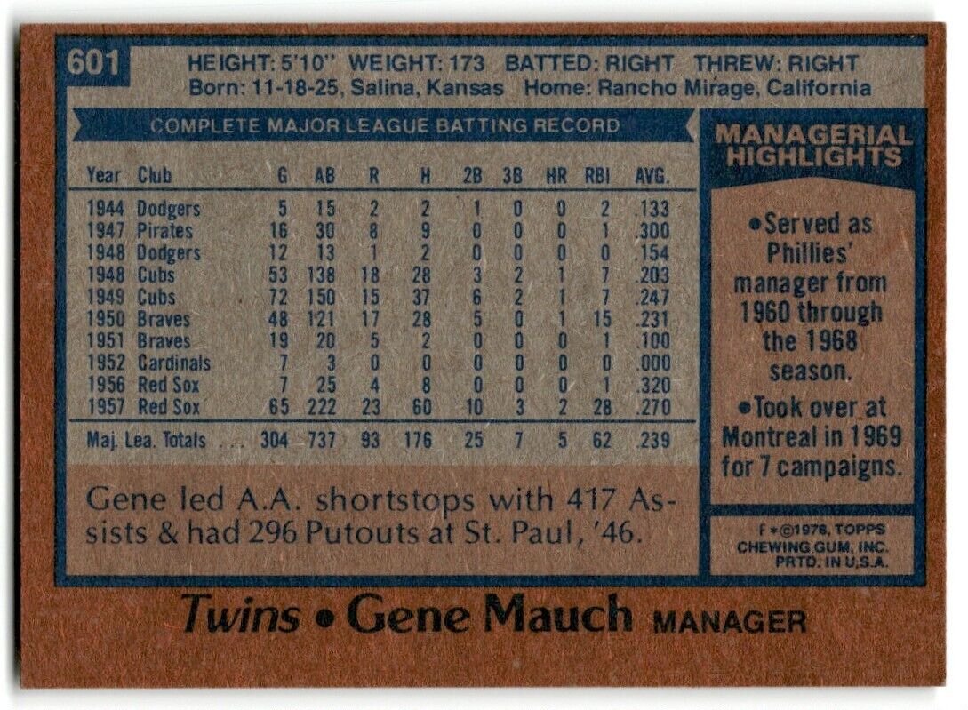 1978 Topps Gene Mauch Minnesota Twins #601