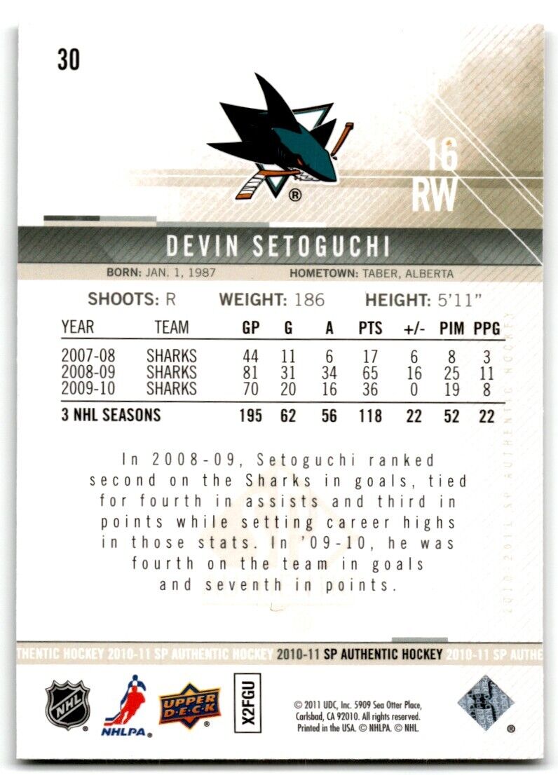 2010-11 SP Authentic Devin Setoguchi San Jose Sharks #30