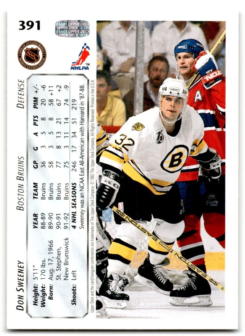 1992-93 Upper Deck Don Sweeney Boston Bruins #391