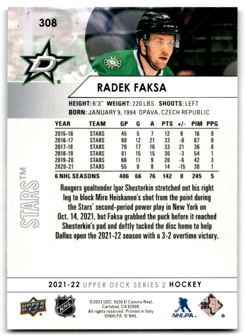 2021-22 Upper Deck Radek Faksa Dallas Stars #308