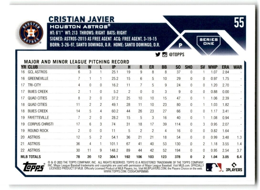 2023 Topps Cristian Javier Houston Astros #55