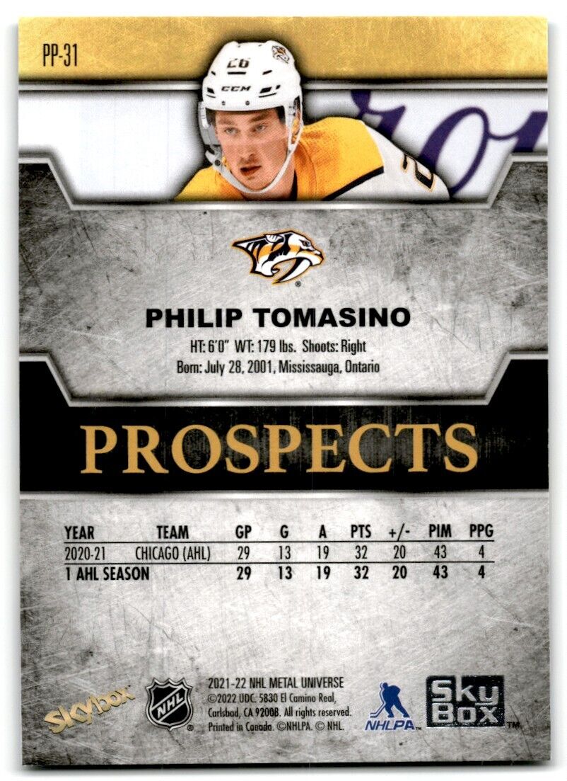 2021-22 Skybox Metal Universe Premium Prospects Philip Tomasino Nashville