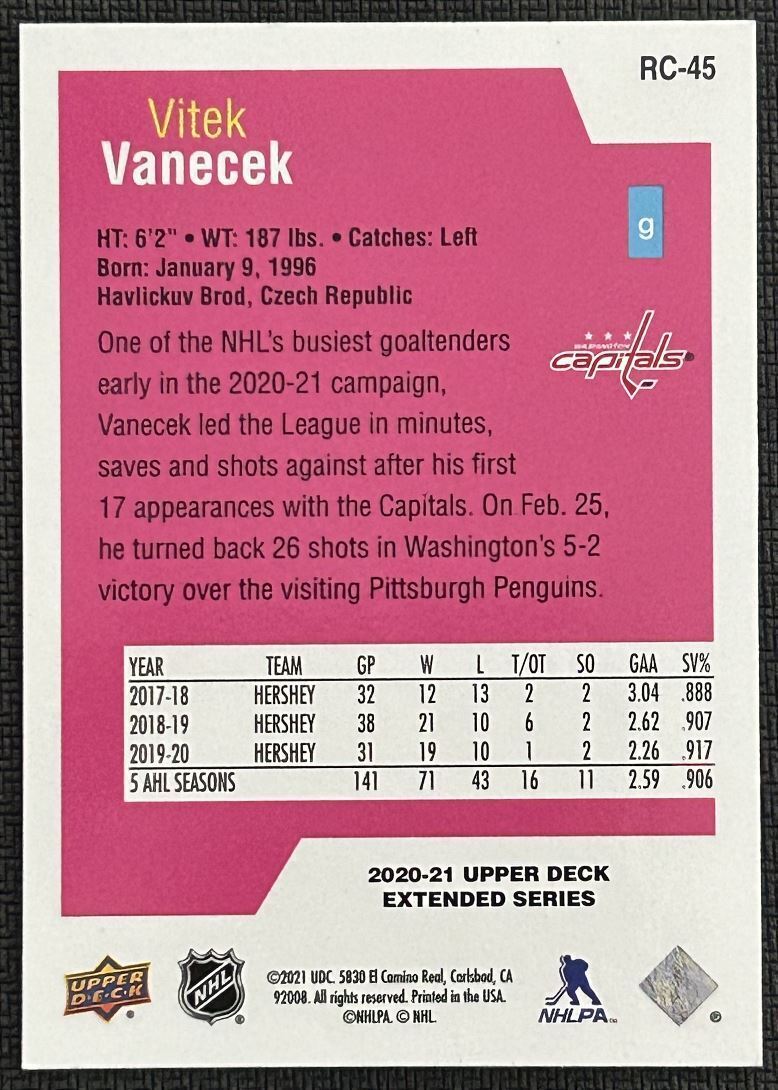 2020-21 Upper Deck Rookie Class SE Spectrum Vitek Vanecek Rookie Washington