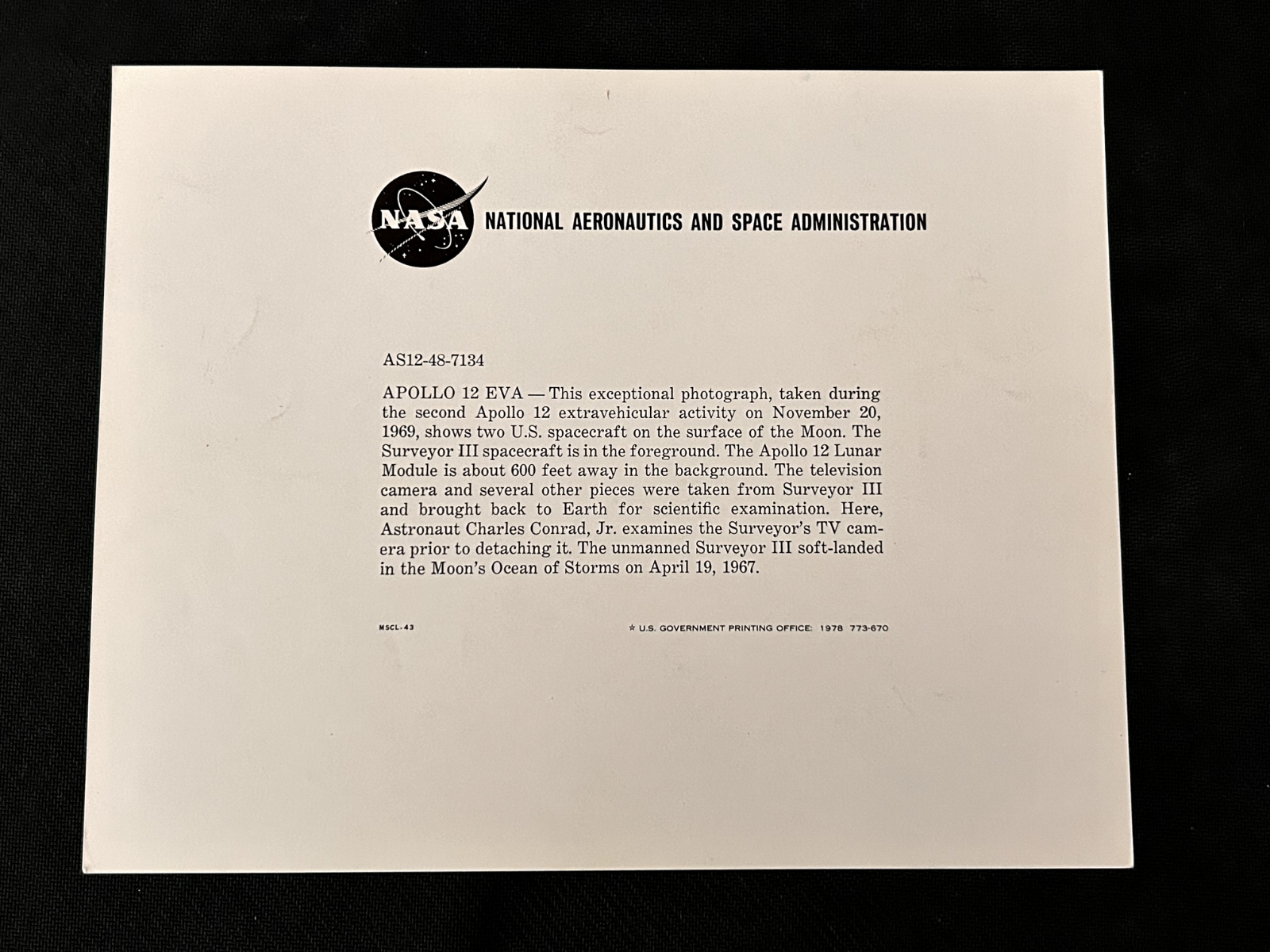 NASA - APOLLO 12 ON THE MOON - NOVEMBER 19-20, 1969 8X10 litho