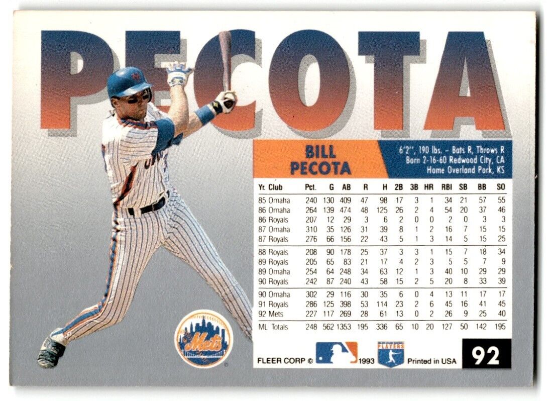 1993 Fleer Bill Pecota New York Mets #92